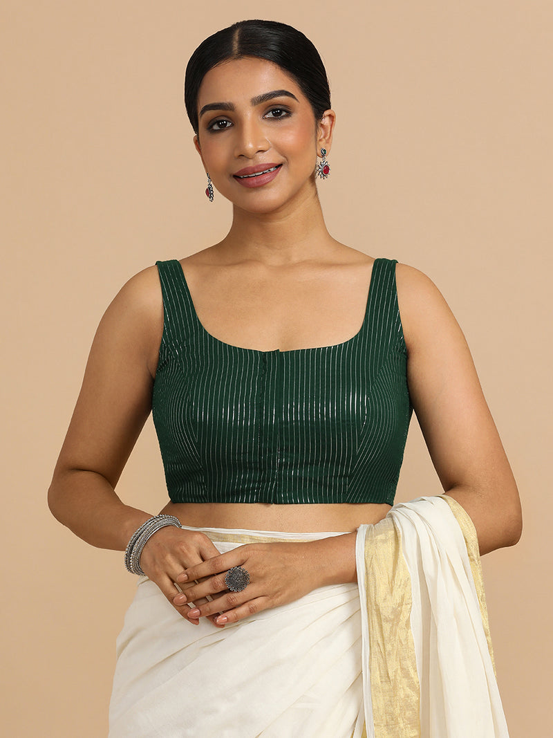 Vinita x Rozaana | Sleeveless Saree Blouse in Dark Green Silver Stripe Cotton-Binks