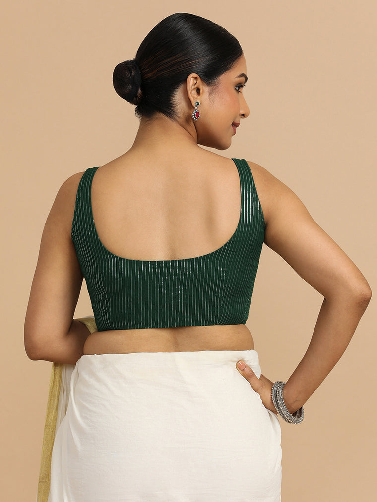 Vinita x Rozaana Saree Blouse, in Green 100% Cotton & Lurex, featuring sleeveless and round neckline (view 2).