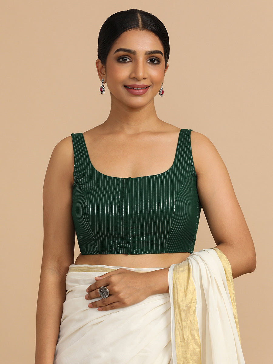 Vinita x Rozaana Saree Blouse, in Green 100% Cotton & Lurex, featuring sleeveless and round neckline (view 4).