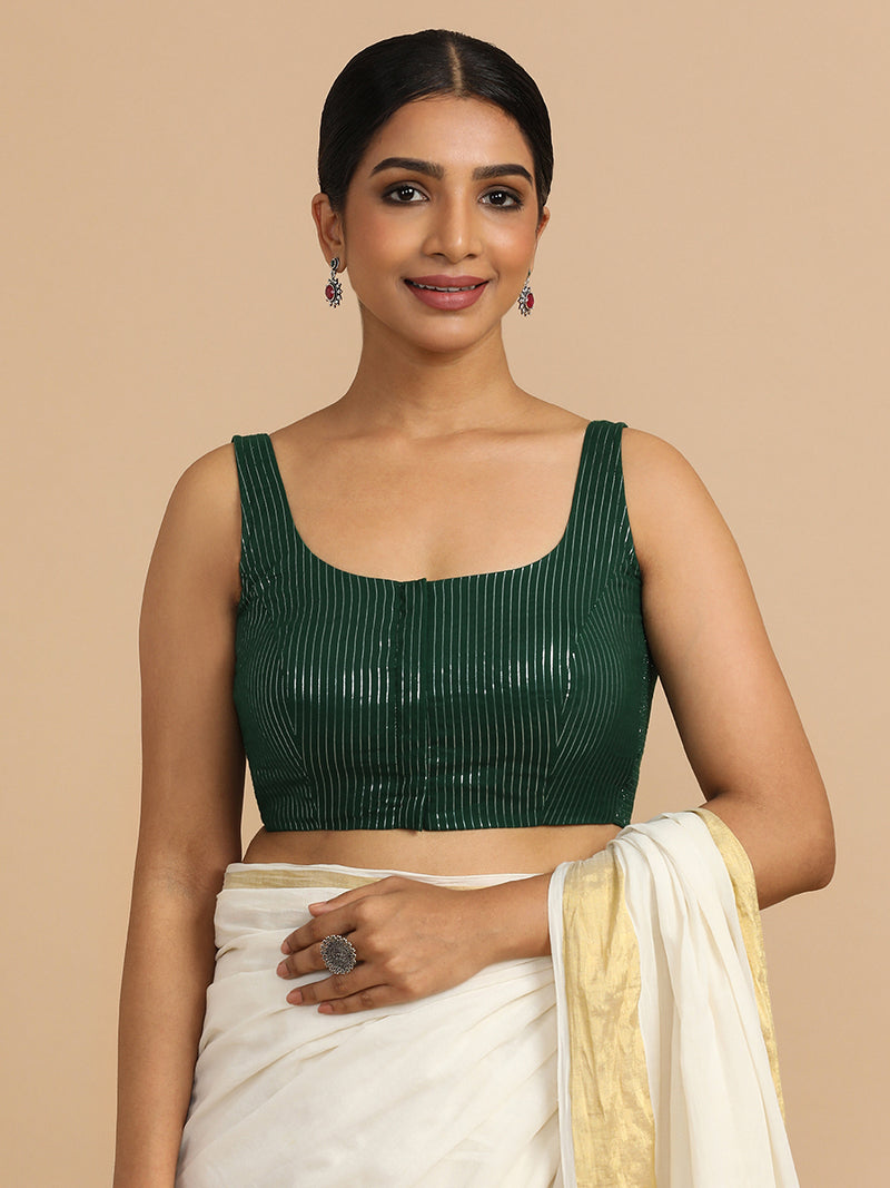 Vinita x Rozaana | Sleeveless Saree Blouse in Dark Green Silver Stripe Cotton-Binks