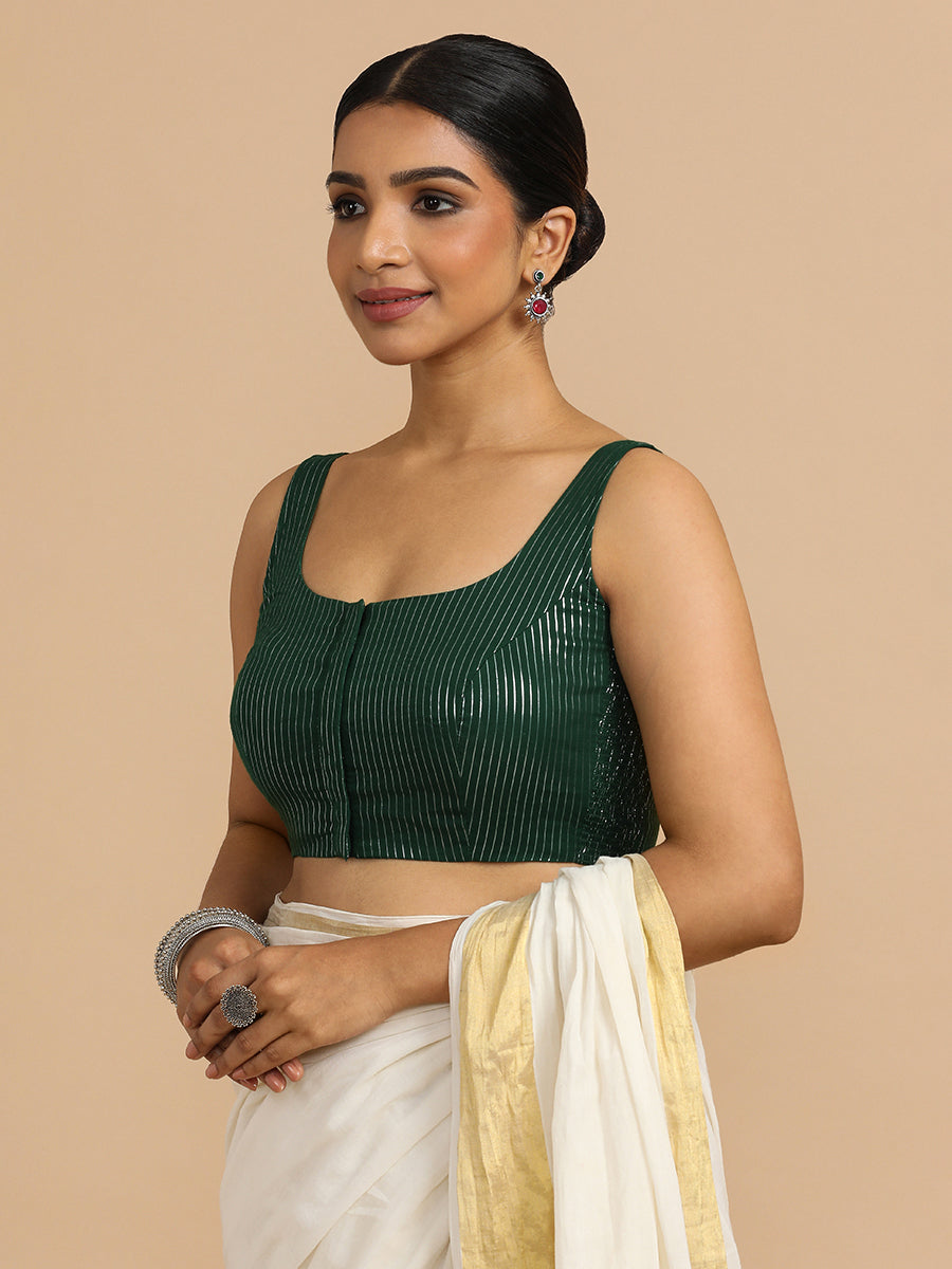 Vinita x Rozaana Saree Blouse, in Green 100% Cotton & Lurex, featuring sleeveless and round neckline (view 5).