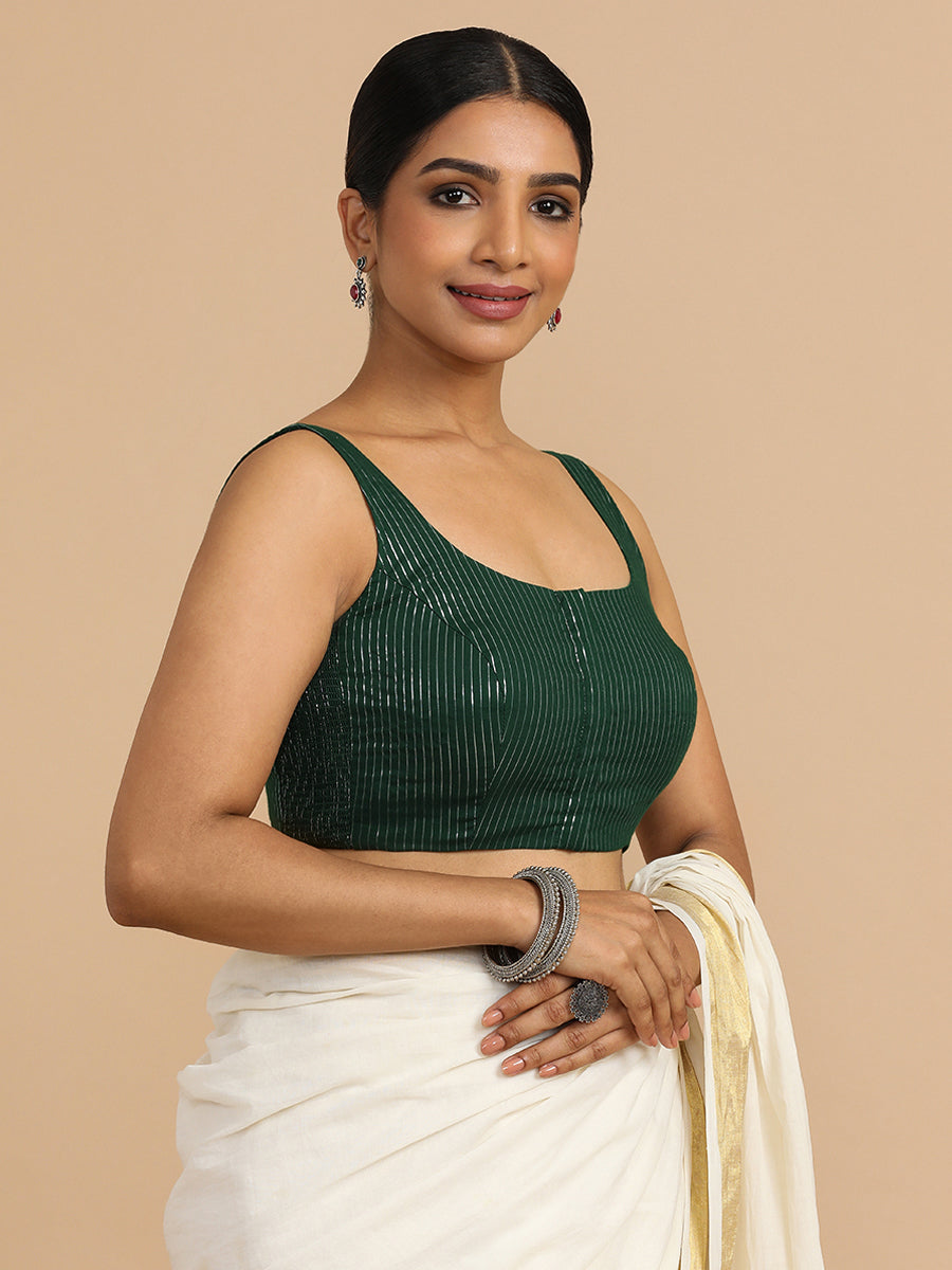 Vinita x Rozaana Saree Blouse, in Green 100% Cotton & Lurex, featuring sleeveless and round neckline (view 7).
