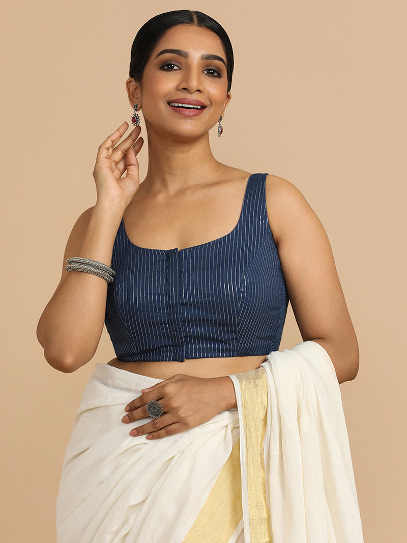 Vinita x Rozaana | Sleeveless Saree Blouse in Indigo Silver Stripe Cotton-Binks