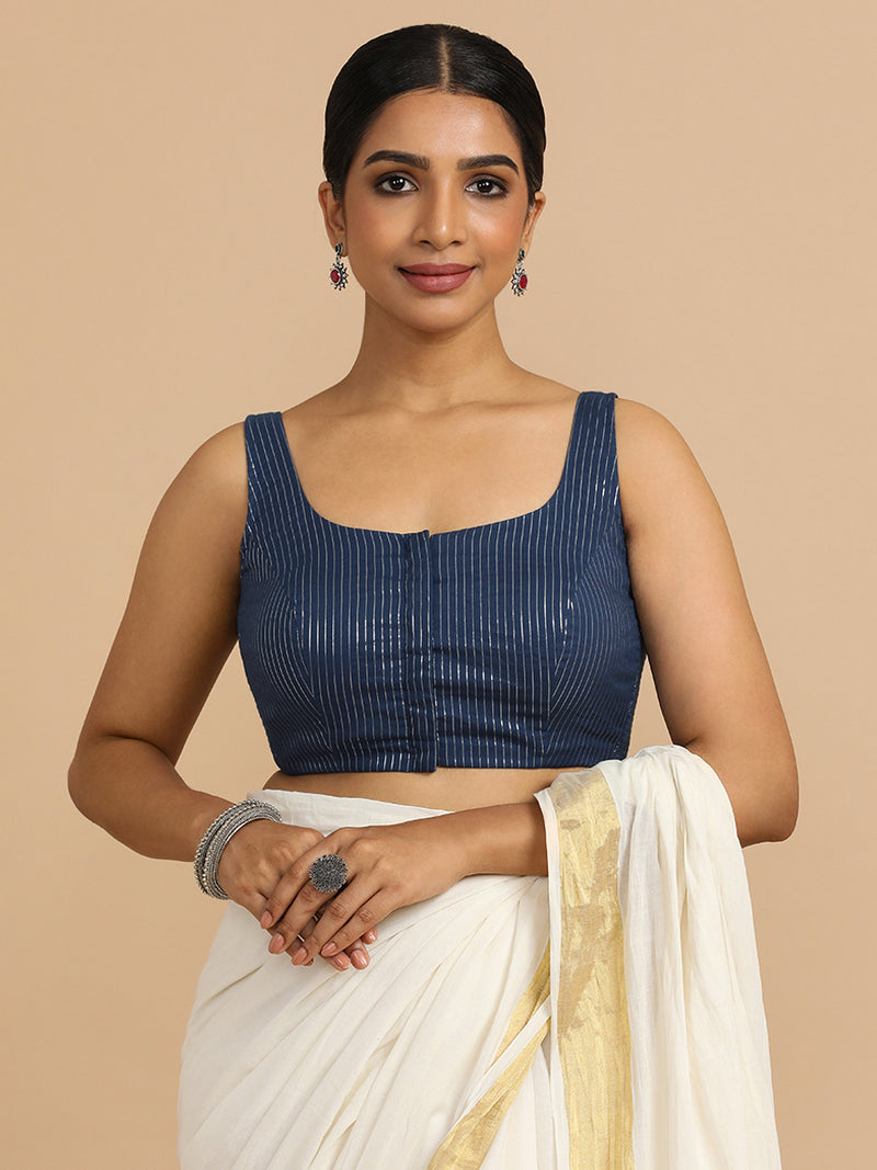 Vinita x Rozaana | Sleeveless Saree Blouse in Indigo Silver Stripe Cotton-Binks