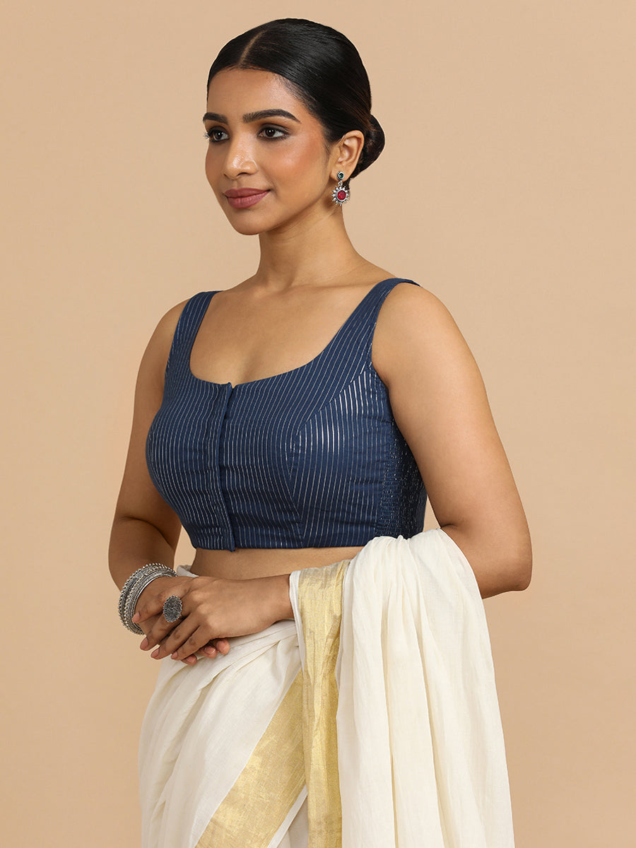 Vinita x Rozaana Saree Blouse, in Blue 100% Cotton & Lurex, featuring sleeveless and round neckline (view 5).