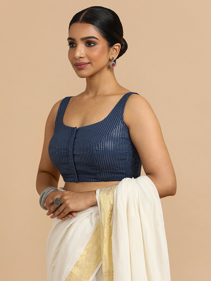 Vinita x Rozaana | Sleeveless Saree Blouse in Indigo Silver Stripe Cotton-Binks