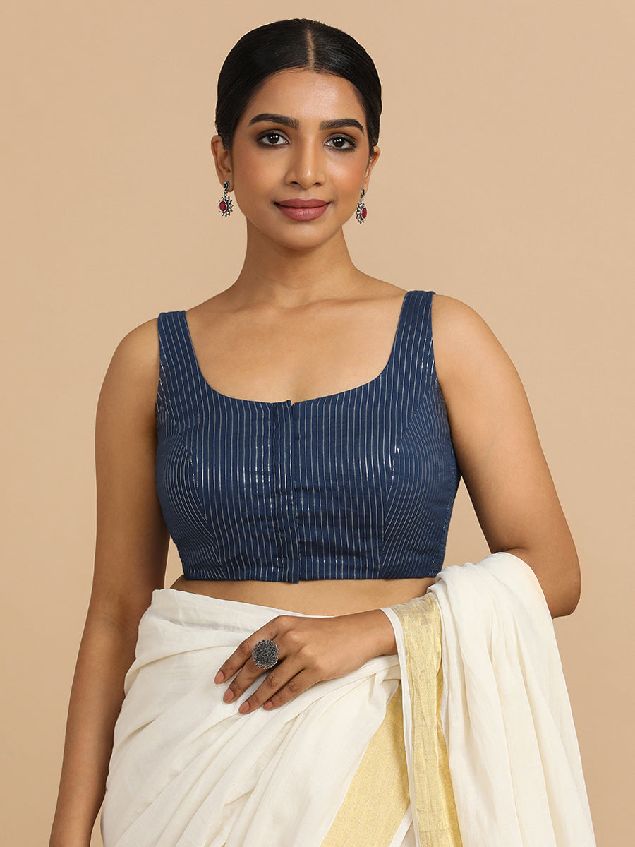 Vinita x Rozaana Saree Blouse, in Blue 100% Cotton & Lurex, featuring sleeveless and round neckline (view 6).