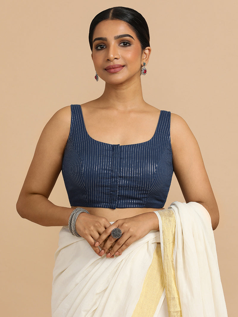 Vinita x Rozaana | Sleeveless Saree Blouse in Indigo Silver Stripe Cotton-Binks