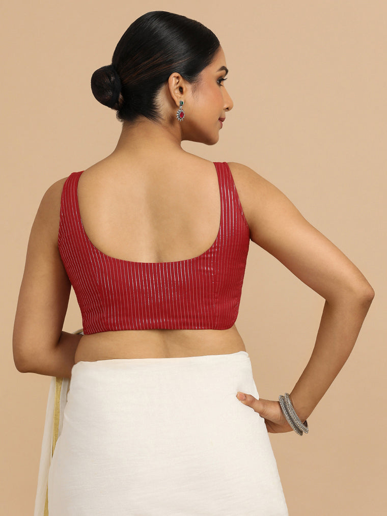 Vinita x Rozaana Saree Blouse, in Red 100% Cotton & Lurex, featuring sleeveless and round neckline, made for party & festive.