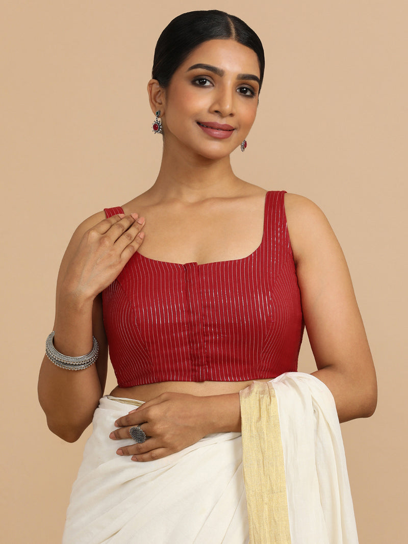 Vinita x Rozaana | Sleeveless Saree Blouse in Red Silver Stripe Cotton-Binks