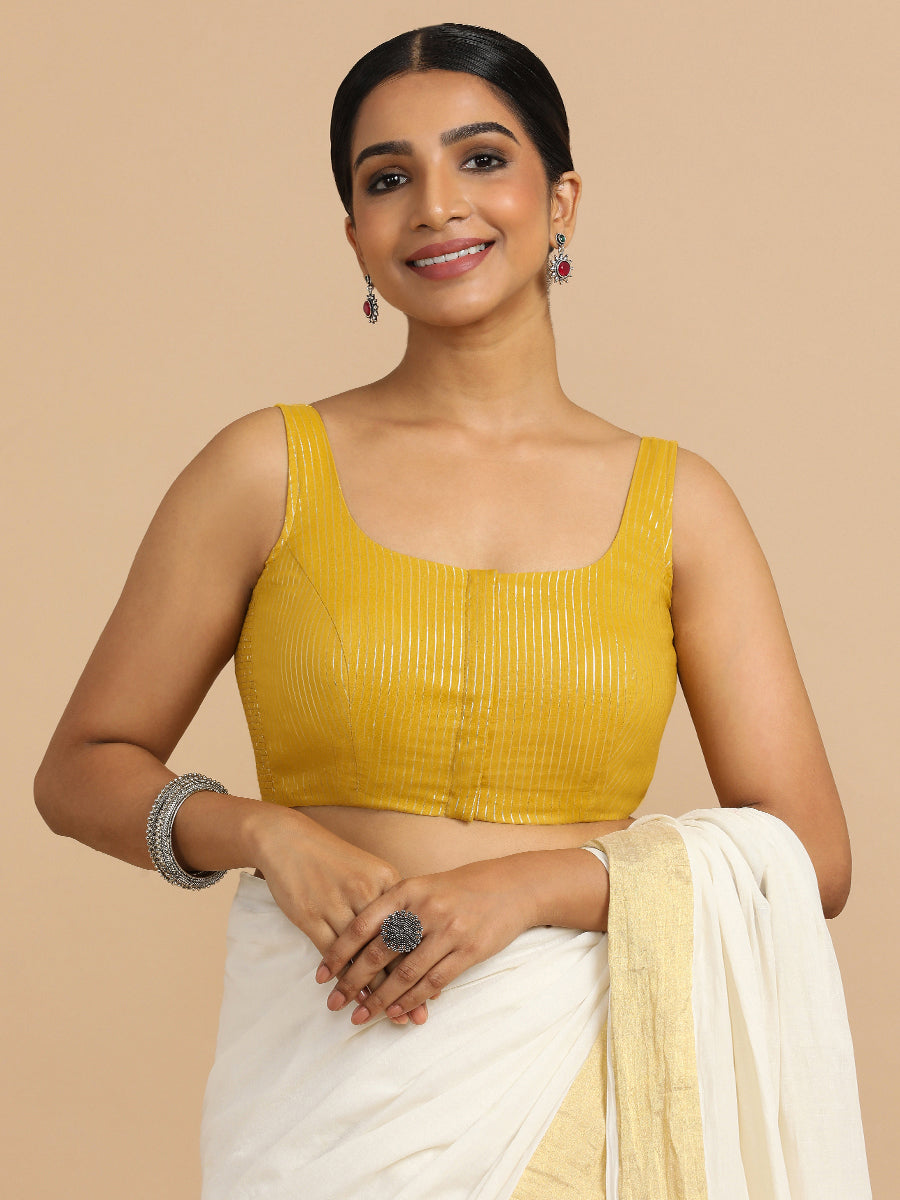 Vinita x Rozaana | Sleeveless Saree Blouse in Turmeric Yellow Silver Stripe Cotton
