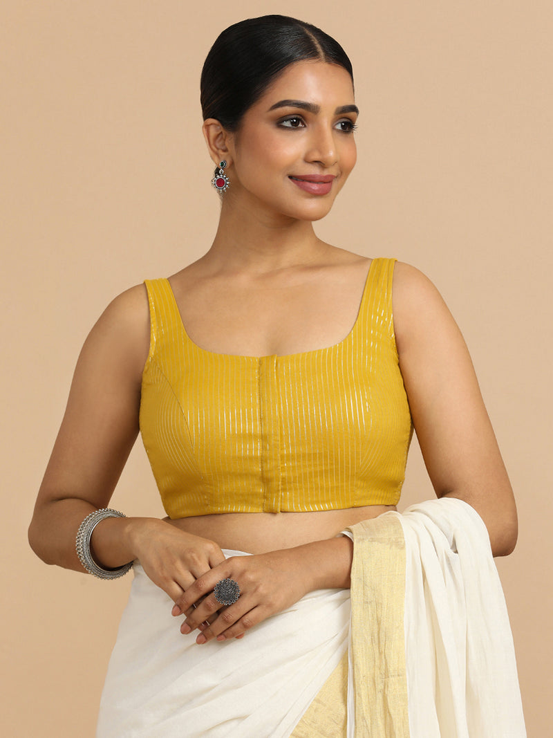 Vinita x Rozaana | Sleeveless Saree Blouse in Turmeric Yellow Silver Stripe Cotton-Binks