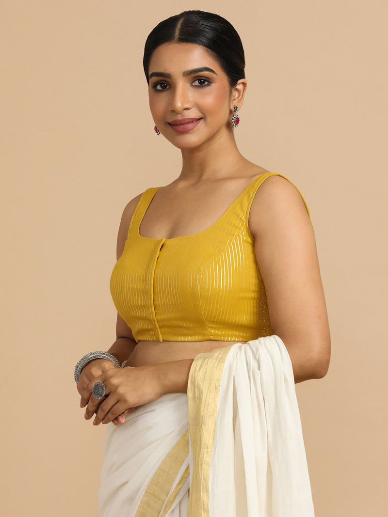 Vinita x Rozaana | Sleeveless Saree Blouse in Turmeric Yellow Silver Stripe Cotton-Binks