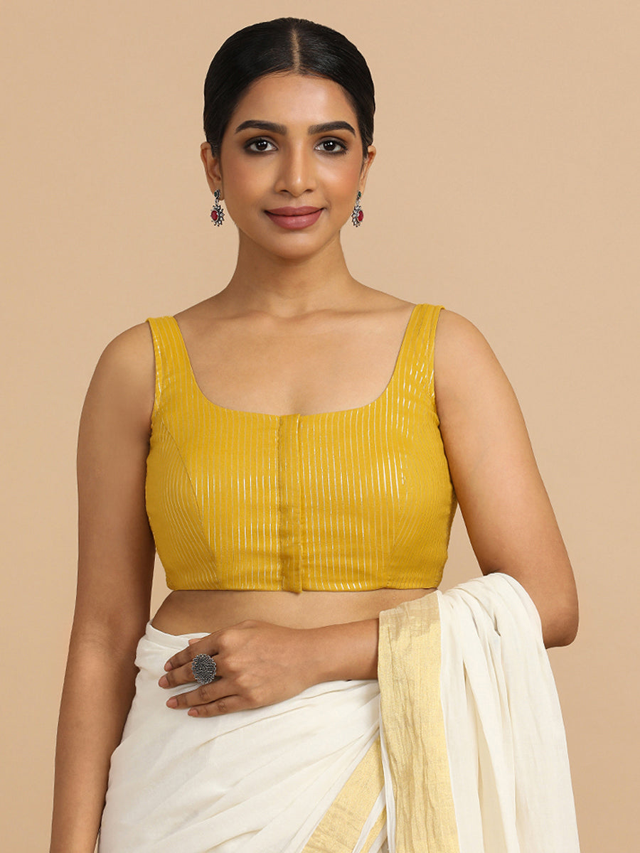 Vinita x Rozaana Saree Blouse, in Yellow 100% Cotton & Lurex, featuring sleeveless and round neckline (view 4).