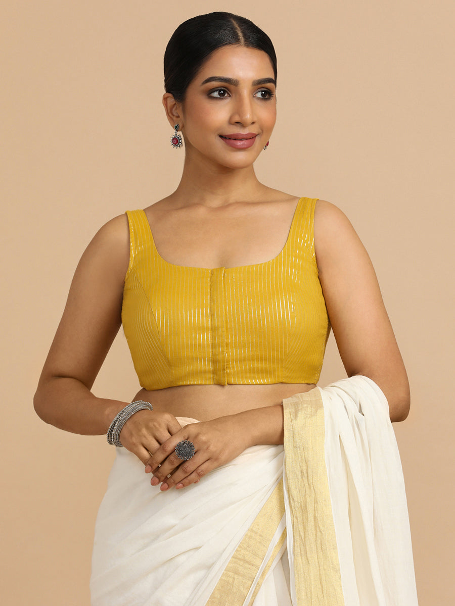Vinita x Rozaana Saree Blouse, in Yellow 100% Cotton & Lurex, featuring sleeveless and round neckline (view 6).