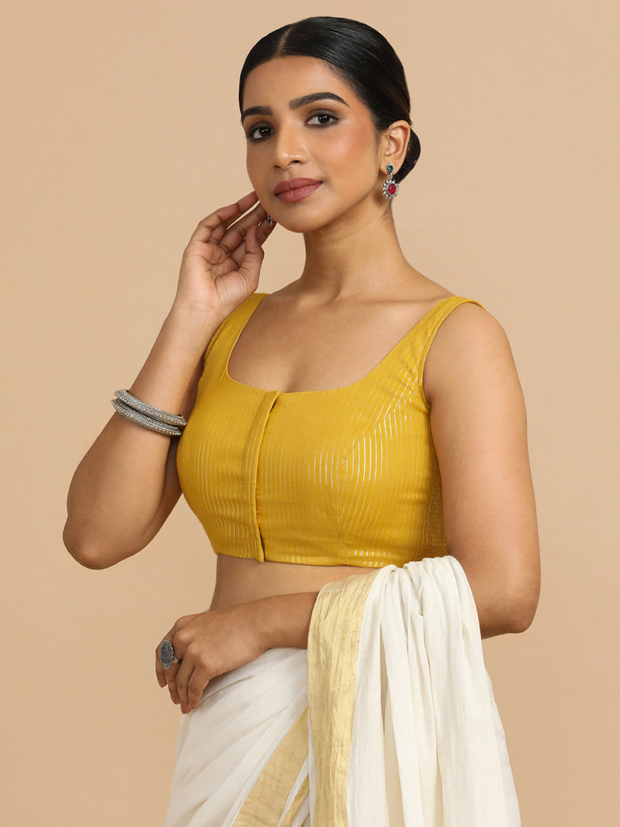 Vinita x Rozaana Saree Blouse, in Yellow 100% Cotton & Lurex, featuring sleeveless and round neckline (view 7).