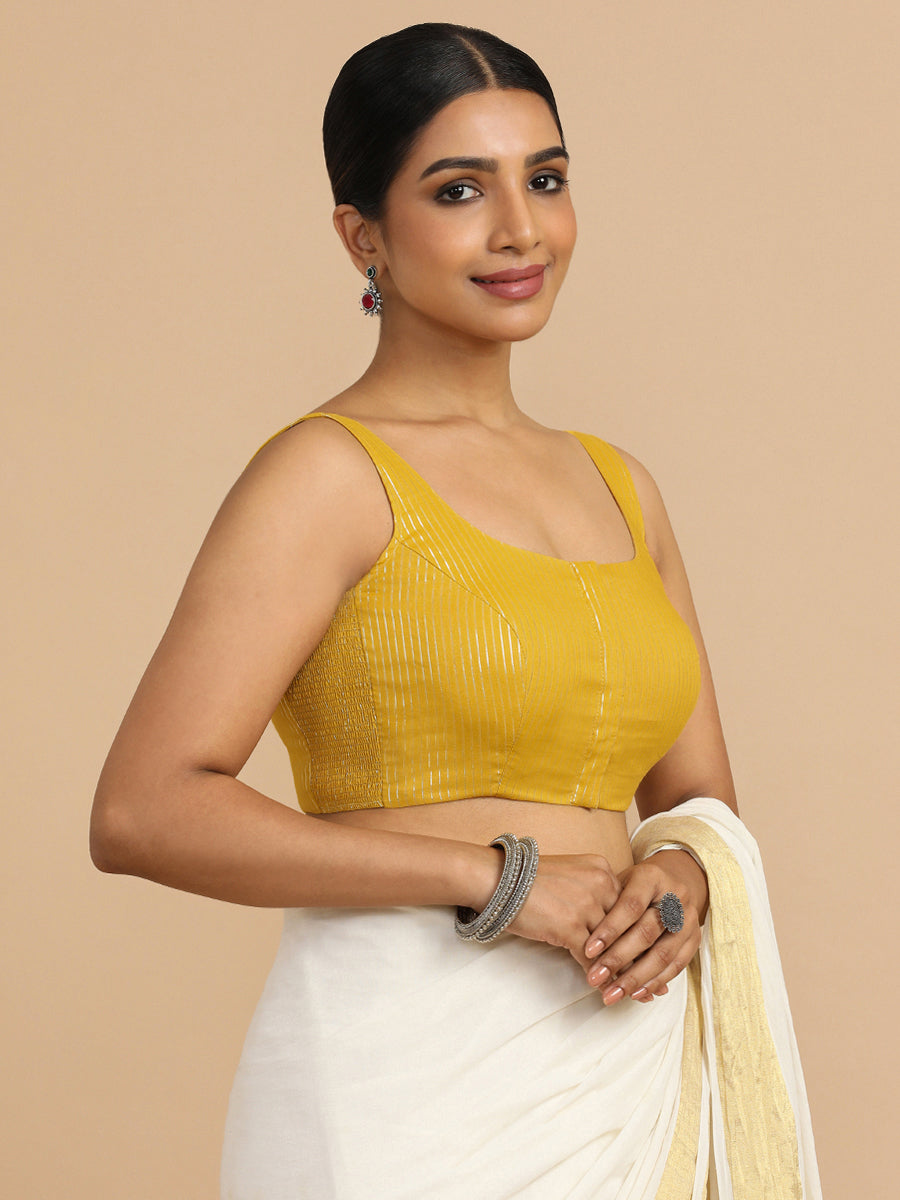 Vinita x Rozaana Saree Blouse, in Yellow 100% Cotton & Lurex, featuring sleeveless and round neckline (view 8).
