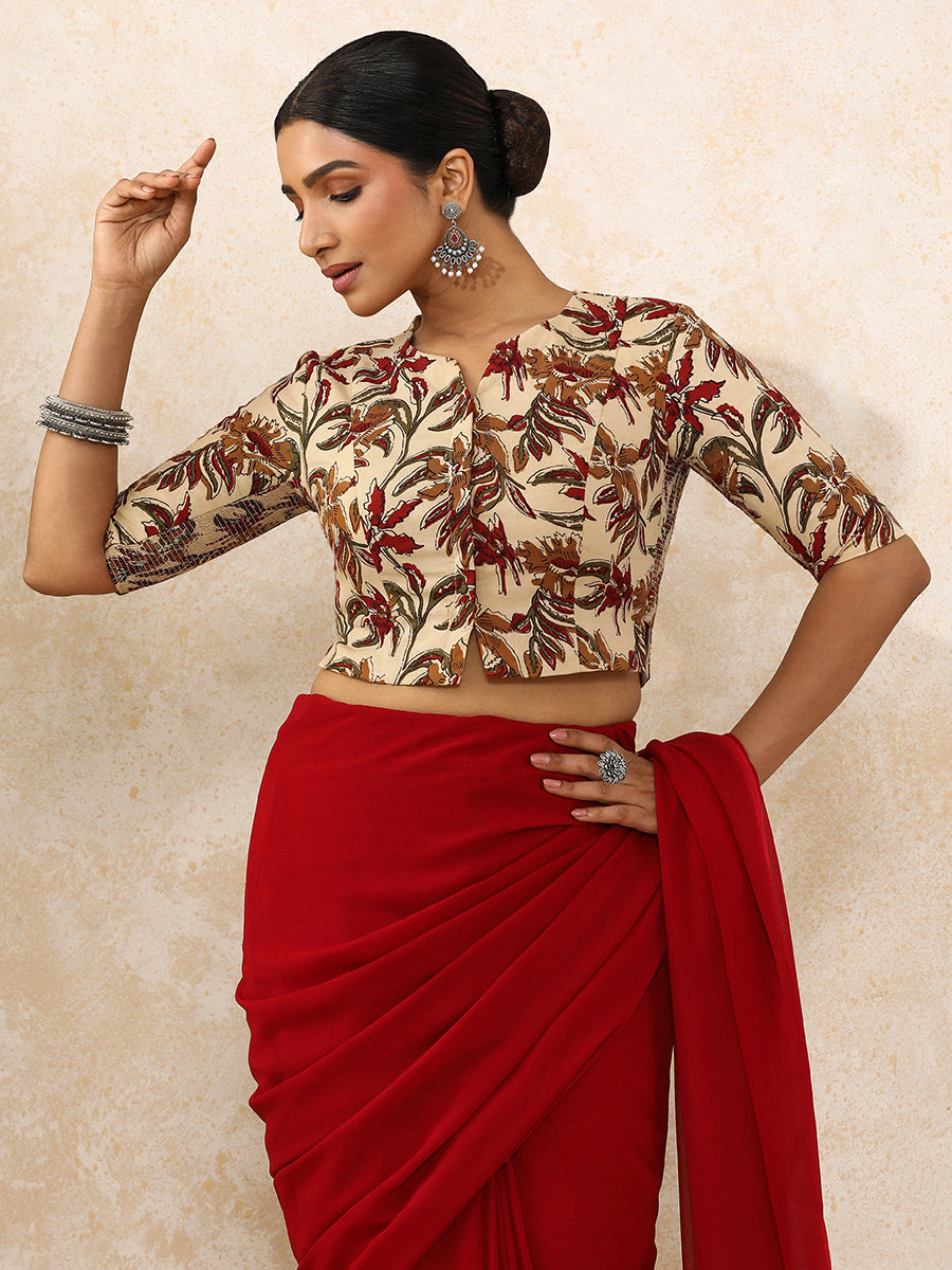 Vriti x Rozaana | Elbow Sleeves Saree Blouse in Cream Blossom Block Print Cotton