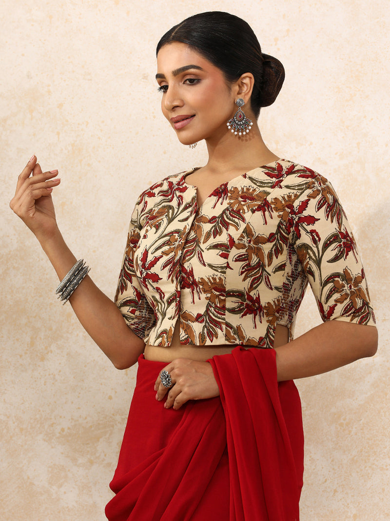 Vriti x Rozaana | Elbow Sleeves Saree Blouse in Cream Blossom Block Print Cotton-Binks
