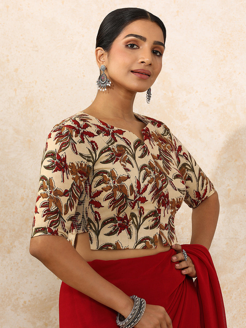 Vriti x Rozaana | Elbow Sleeves Saree Blouse in Cream Blossom Block Print Cotton-Binks