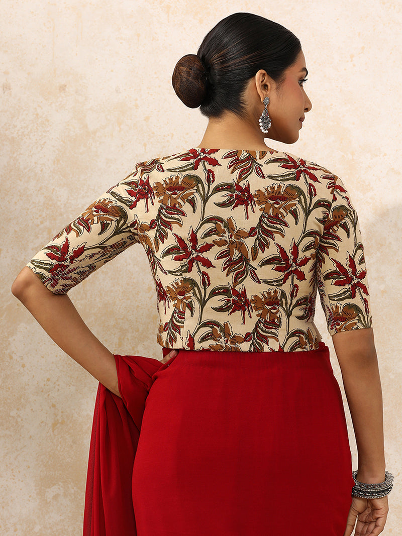 Vriti x Rozaana | Elbow Sleeves Saree Blouse in Cream Blossom Block Print Cotton-Binks