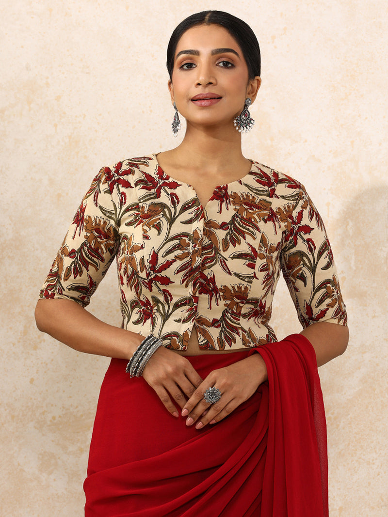 Vriti x Rozaana | Elbow Sleeves Saree Blouse in Cream Blossom Block Print Cotton-Binks