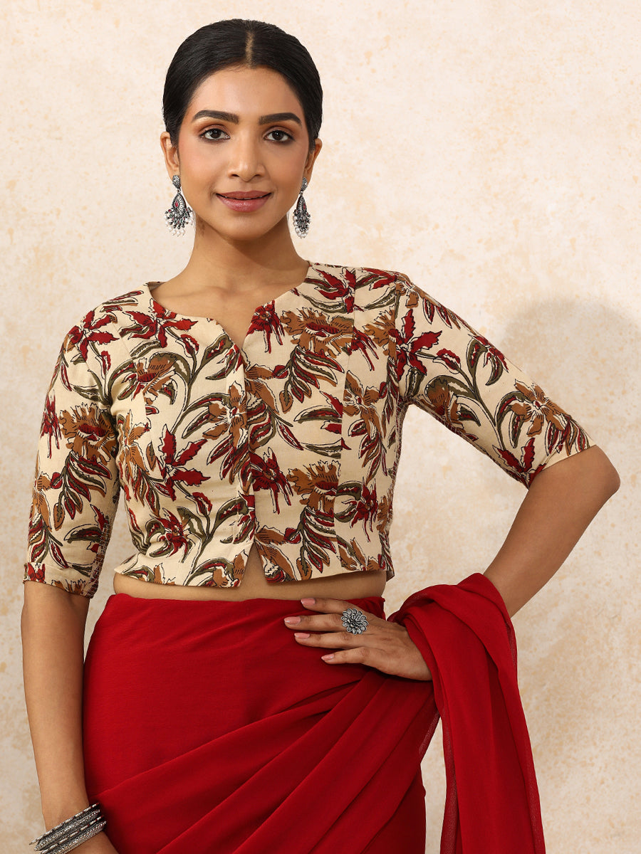 Vriti x Rozaana Saree Blouse, in Cream 100% Cotton - Block Printed, featuring elbow sleeves and round neckline (view 7).