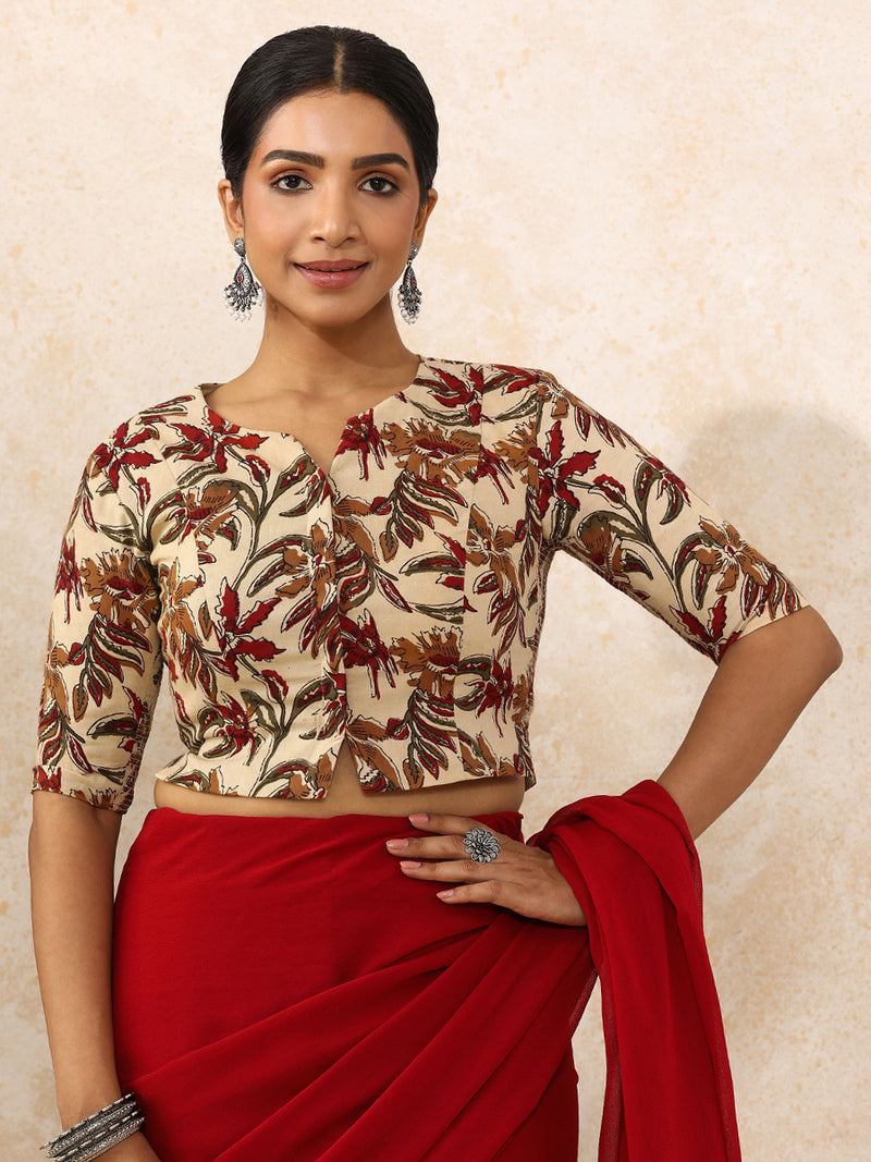 Vriti x Rozaana | Elbow Sleeves Saree Blouse in Cream Blossom Block Print Cotton-Binks