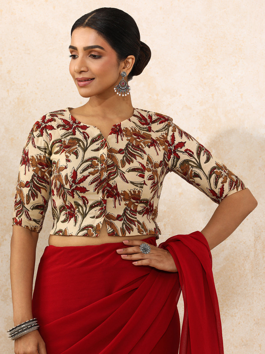 Vriti x Rozaana Saree Blouse, in Cream 100% Cotton - Block Printed, featuring elbow sleeves and round neckline (view 8).