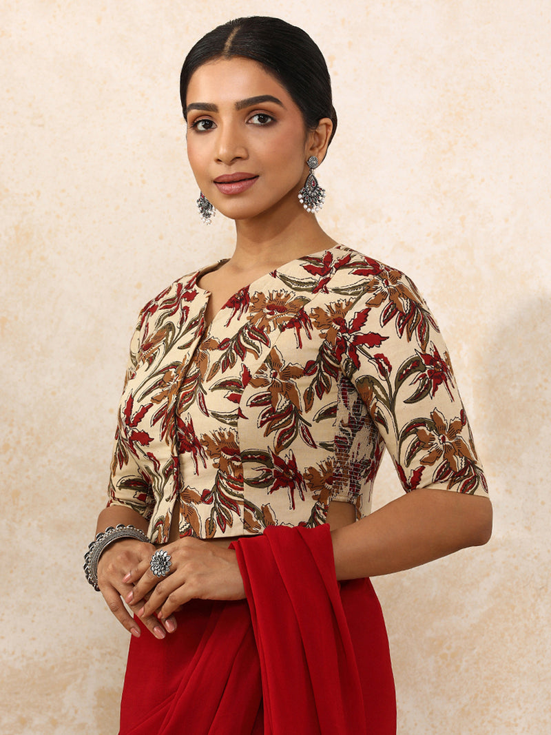 Vriti x Rozaana | Elbow Sleeves Saree Blouse in Cream Blossom Block Print Cotton-Binks