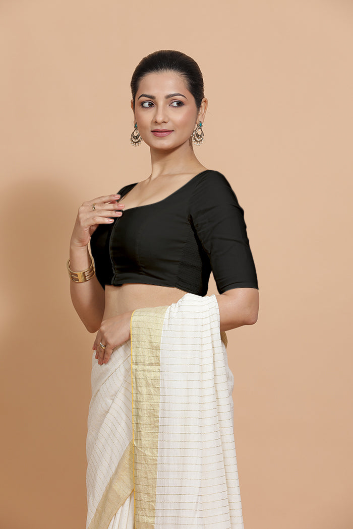 Vritika x Rozaana Saree Blouse, in Black Cotton, featuring elbow sleeves and scoop neckline, made for daily & work (view 5).