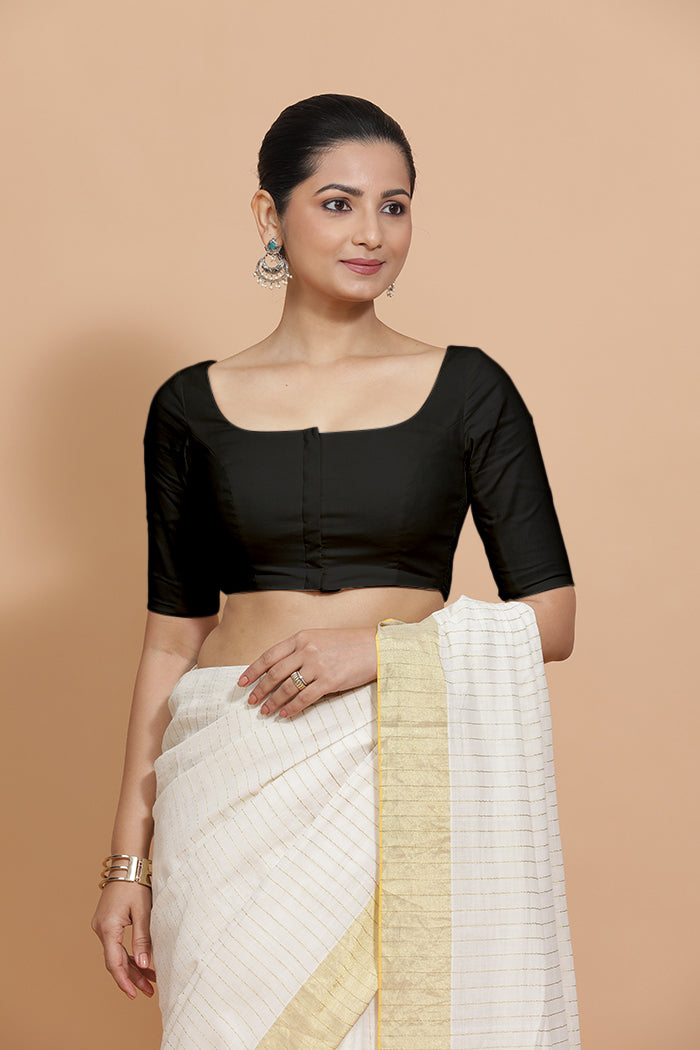 Vritika x Rozaana Saree Blouse, in Black Cotton, featuring elbow sleeves and scoop neckline, made for daily & work (view 6).