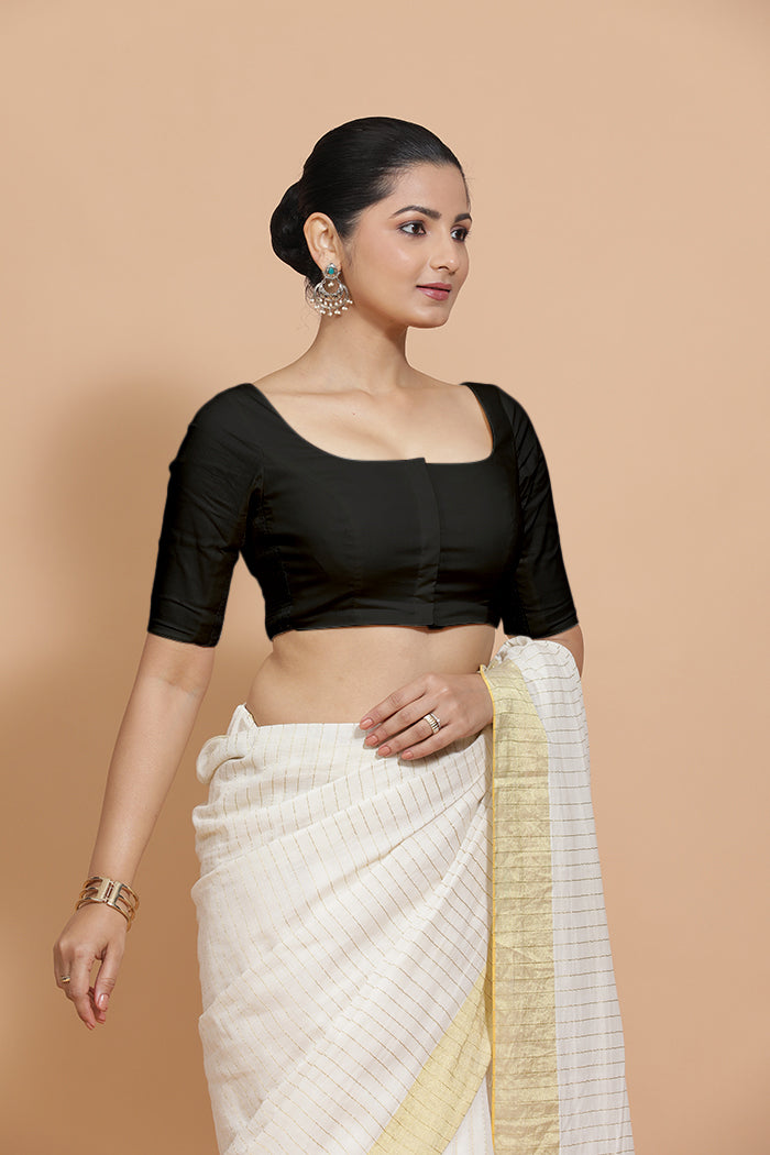 Vritika x Rozaana Saree Blouse, in Black Cotton, featuring elbow sleeves and scoop neckline, made for daily & work (view 7).