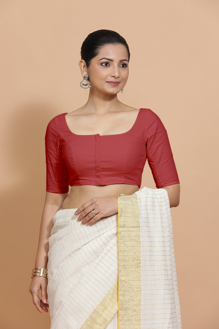 Vritika x Rozaana | Elbow Sleeves Saree Blouse in Carmine Red Plain Cotton-Binks