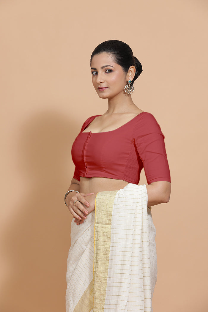 Vritika x Rozaana | Elbow Sleeves Saree Blouse in Carmine Red Plain Cotton-Binks