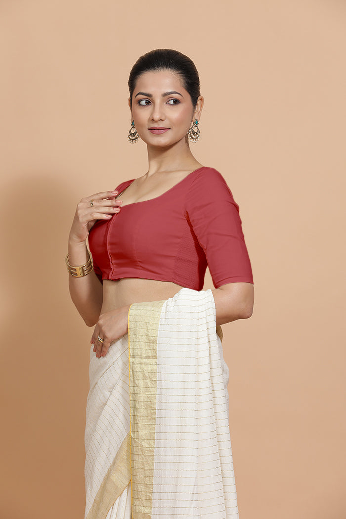 Vritika x Rozaana | Elbow Sleeves Saree Blouse in Carmine Red Plain Cotton-Binks