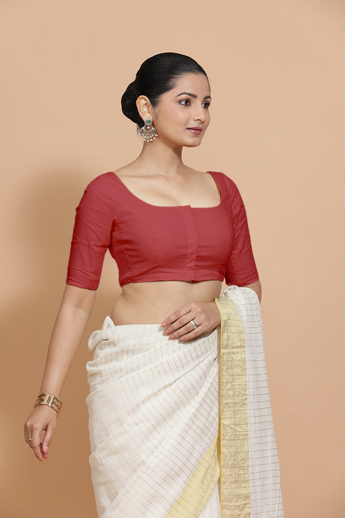 Vritika x Rozaana | Elbow Sleeves Saree Blouse in Carmine Red Plain Cotton-Binks