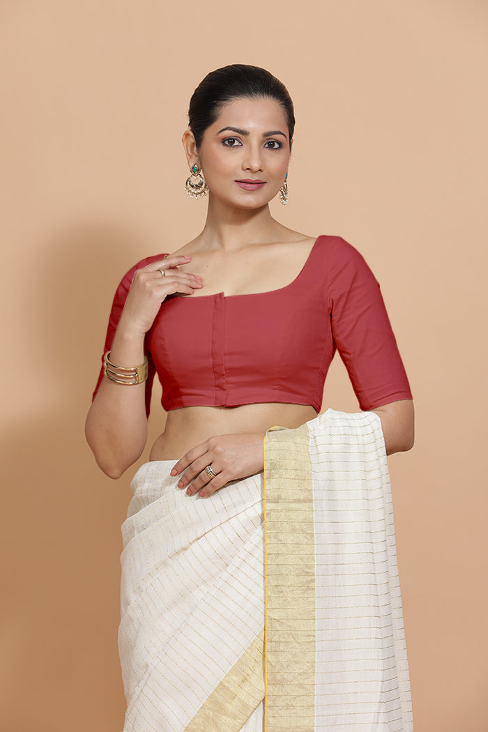 Vritika x Rozaana | Elbow Sleeves Saree Blouse in Carmine Red Plain Cotton-Binks