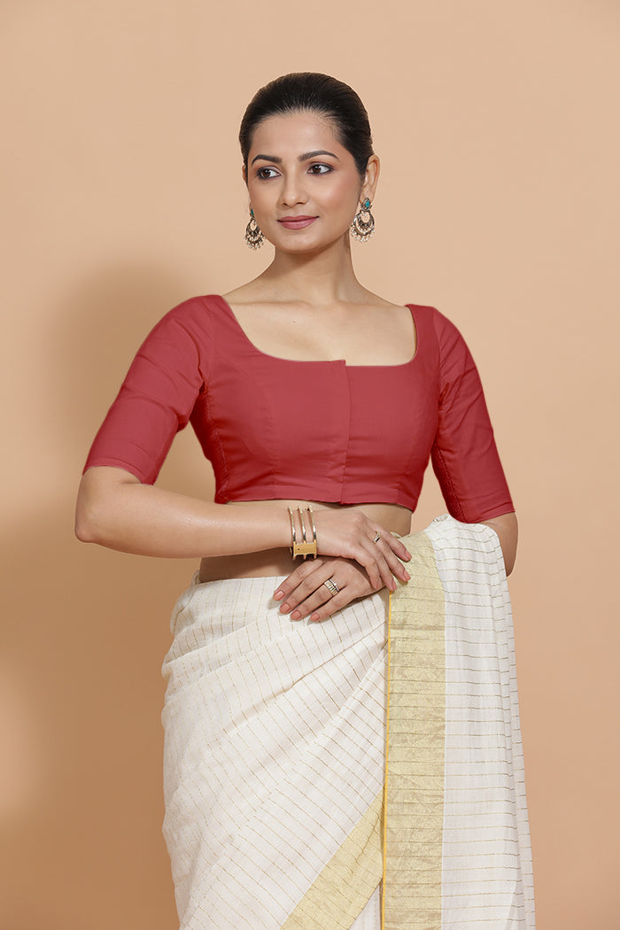 Vritika x Rozaana | Elbow Sleeves Saree Blouse in Carmine Red Plain Cotton-Binks