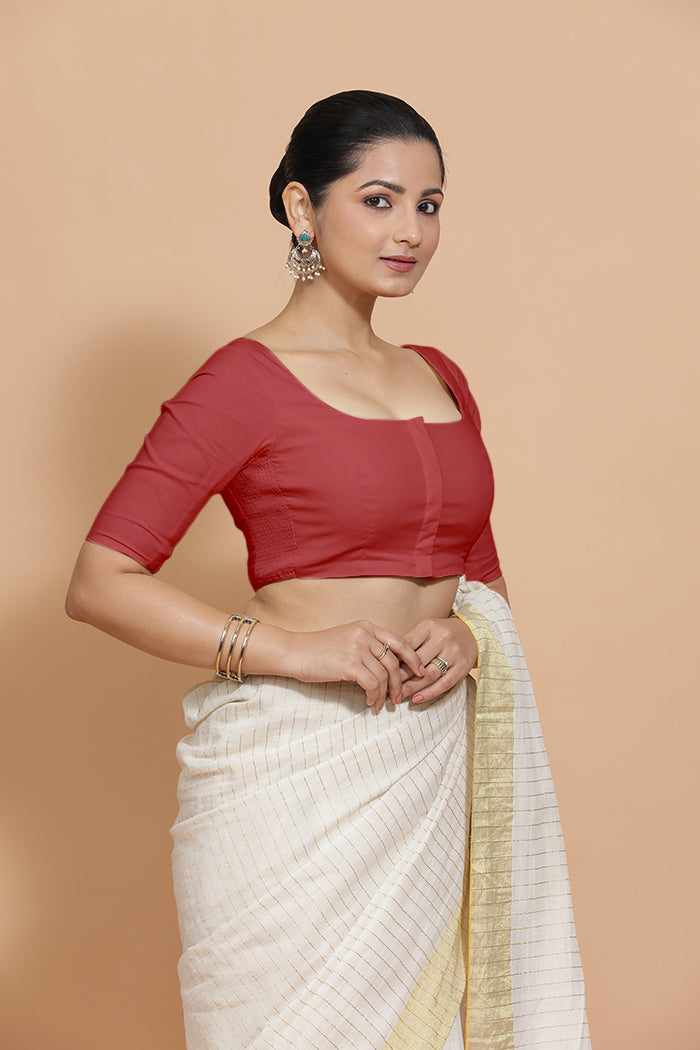 Vritika x Rozaana | Elbow Sleeves Saree Blouse in Carmine Red Plain Cotton-Binks