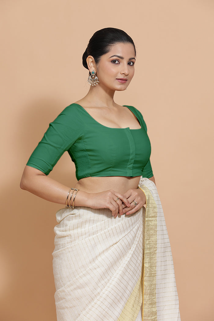 Vritika x Rozaana Saree Blouse, in Green 100% Cotton - Solid, featuring elbow sleeves and scoop neckline.