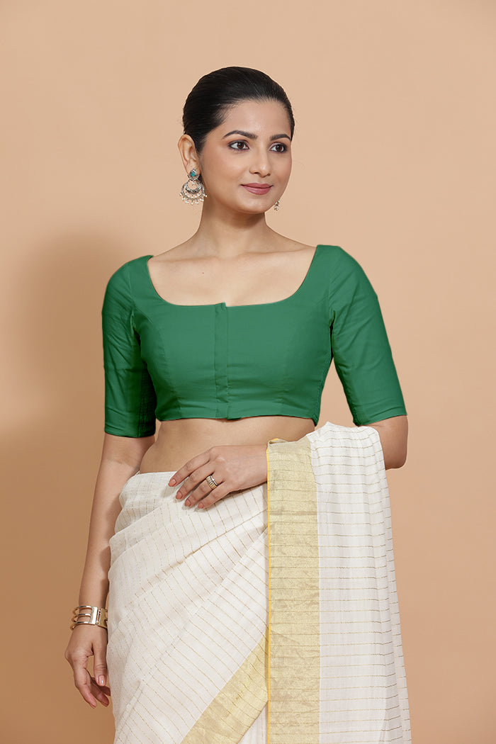Vritika x Rozaana Saree Blouse, in Green 100% Cotton - Solid, featuring elbow sleeves and scoop neckline (view 6).