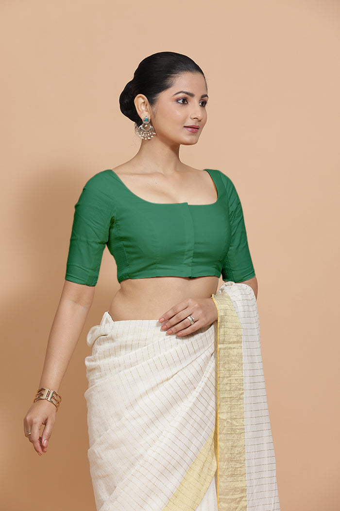 Vritika x Rozaana Saree Blouse, in Green 100% Cotton - Solid, featuring elbow sleeves and scoop neckline (view 7).
