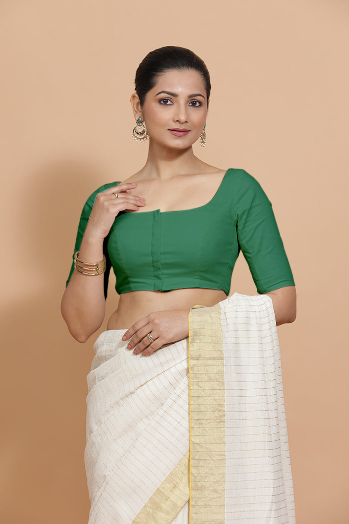 Vritika x Rozaana Saree Blouse, in Green 100% Cotton - Solid, featuring elbow sleeves and scoop neckline (view 8).