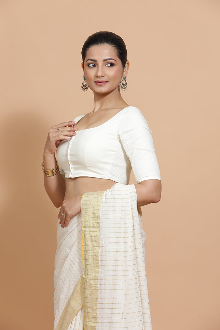 Vritika x Rozaana | Scoop Neck Ivory Mist Plain Cotton Saree Blouse-Binks