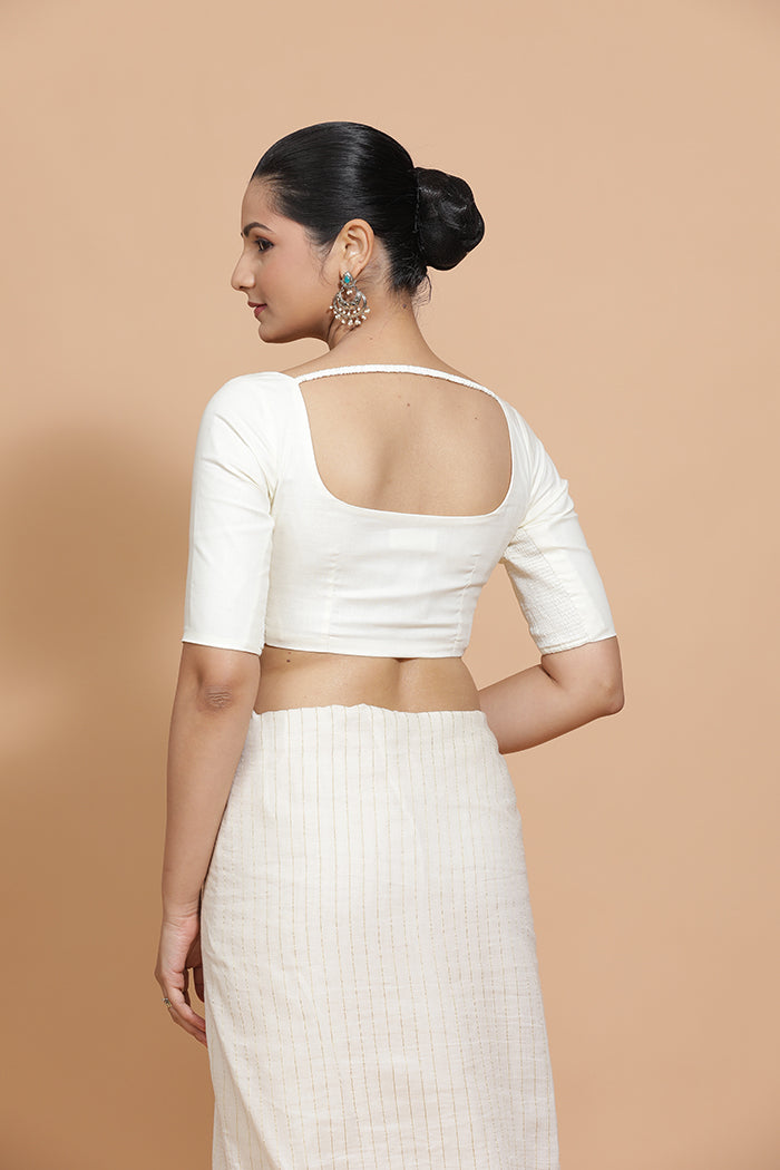 Vritika x Rozaana Saree Blouse, in White Cotton, featuring elbow sleeves and scoop neckline, made for daily & work (view 2).