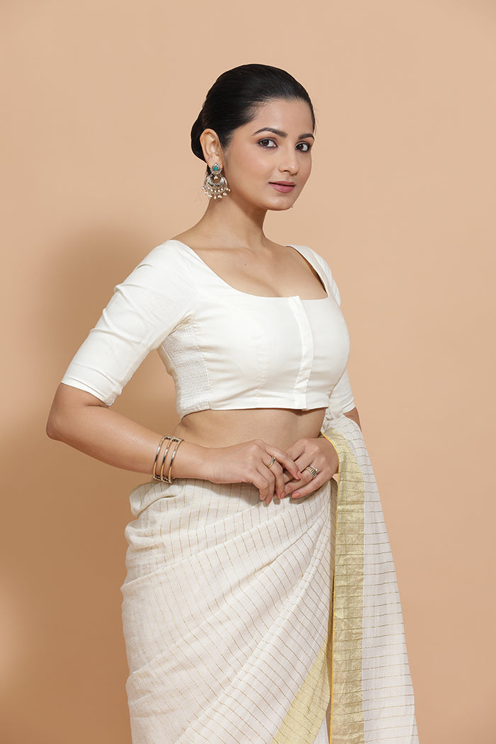 Vritika x Rozaana | Scoop Neck Ivory Mist Plain Cotton Saree Blouse-Binks