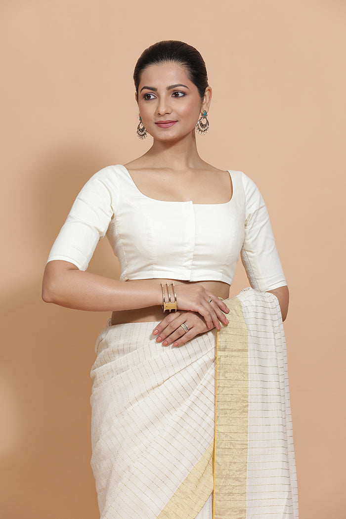Vritika x Rozaana | Scoop Neck Ivory Mist Plain Cotton Saree Blouse-Binks