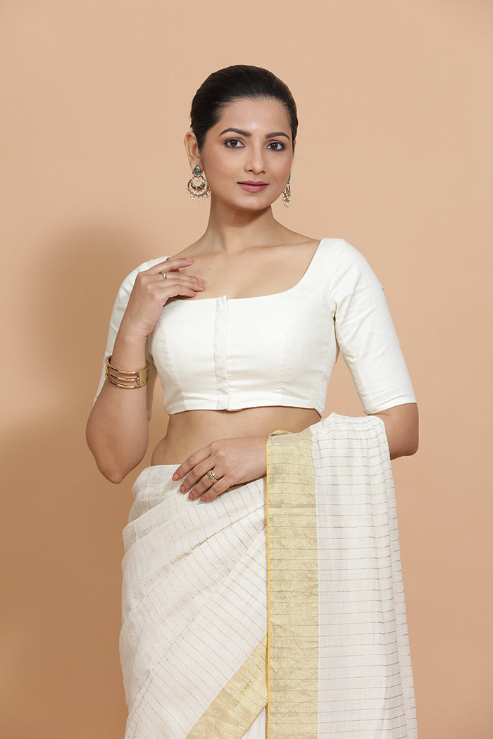 Vritika x Rozaana | Scoop Neck Ivory Mist Plain Cotton Saree Blouse-Binks