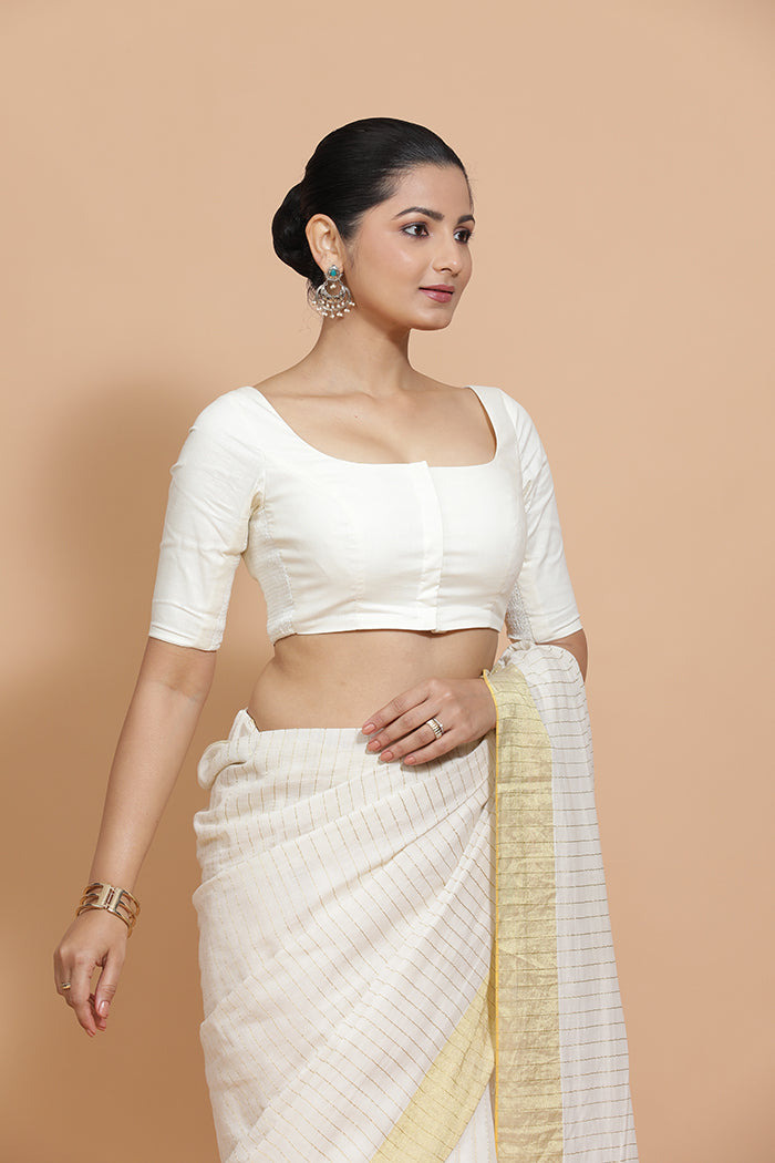 Vritika x Rozaana | Scoop Neck Ivory Mist Plain Cotton Saree Blouse-Binks